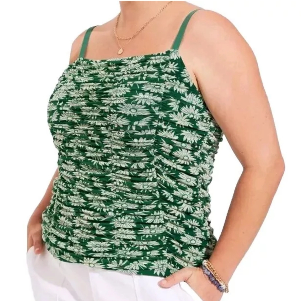 Torrid Cami Top Woman Plus 3x Boho Stretch Mesh Shirred Cropped Green Floral NWT